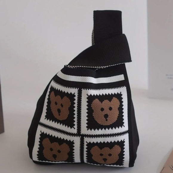 Heavy Woven Knit Bear Pattern Tote Purse Bag Japanese Knot Closure Style - Picture 2 of 4